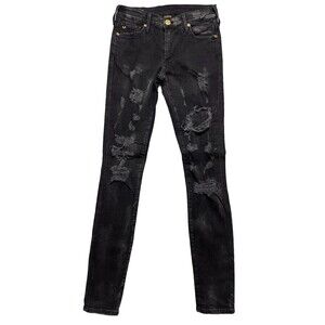 True Religion Halle Mid Rise Super Skinny Women's Size 26 Black Acid Wash Jeans